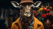Portrait Of A Giraffe Wearing A Hat And Sunglasses In A Leather Jacket