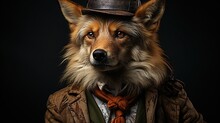 Portrait Of A Fox In A Hat And Coat On A Black Background