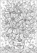 Christmas And New Year Vector Illustration With   Beautiful Bunch Of Poinsettia, Conifer Branches, Decorations. Greeting Card Background. Black And White Line Art For Coloring Page.