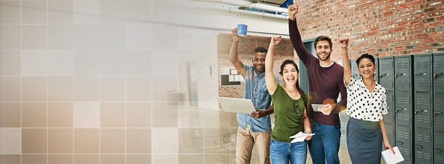 Wall Mural - Portrait, startup mockup or excited business people in a meeting, overlay or cooperation with diversity. Hands up, smile and group of employees in collaboration with teamwork, pride or banner space