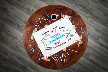 Wall Mural - Project management Concept. Chart with keywords and icons. Round wooden table