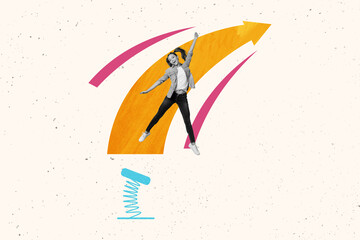 Aufkleber - Composite collage image of excited mini black white effect girl jumping spring trampoline big arrow pointer isolated on creative background