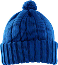 Blue knitted beanie hat with pom pom bobble for the cold winter days isolated on transparent background. Generative AI