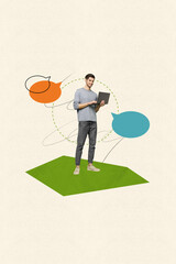 Aufkleber - Collage 3d image of nice funky guy use modern device wifi connection correspondence isolated on drawing beige color background