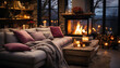 A cozy living room with fireplace, comfortable couch with warm blanket, and a lot of candles around