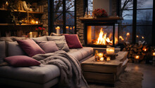 A Cozy Living Room With Fireplace, Comfortable Couch With Warm Blanket, And A Lot Of Candles Around