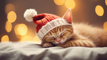 Cute Red Kitten Sleeping In Knitted Santa Hat On Bed With Gold And Red Christmas Baubles In Festive Room. Season's Greetings Card. Merry Christmas And Happy New Year