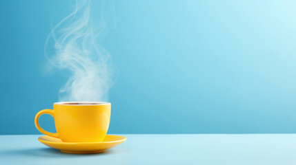 Yellow hot cup of coffee with smoke on pastel blue background, copy space