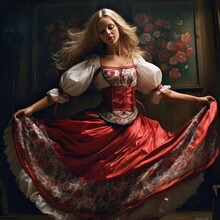 Slavic Girl Dancing National Dance In Slavic Clothes