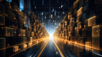 Fototapete - warehouse technology of the future, warehouse program, neon background, futuristic computer graphics design