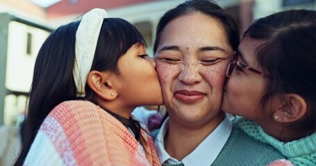 Poster - Kiss, face and teacher with children in school for education, learning and outdoor fun together on playground. Smile, portrait and kids or students hug woman teaching in montessori kindergarten