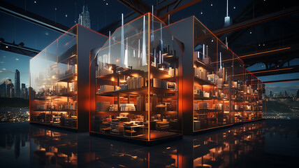 Fototapete - warehouse technology of the future, warehouse program, neon background, futuristic computer graphics design