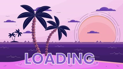 Poster - Beach palms sunset line 2D loading animation. Moving clouds, waves, seagulls animated cartoon linear landscape 4K video loader motion graphic. Tropical shore. Summer horizon download process gif