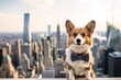 Medium shot portrait photography of a curious norwegian lundehund playing with other dogs wearing a cute bow tie against a stunning skyscraper skyline. With generative AI technology