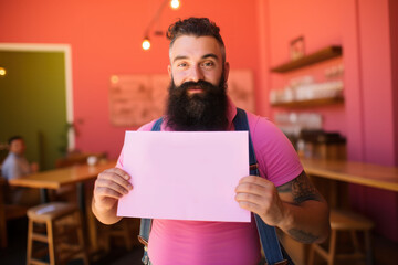 Poster - Man holding blank pink poster.