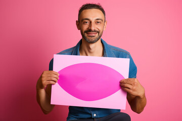 Poster - Man holding blank pink poster.