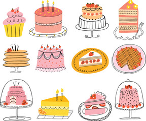 Set Collection Handdrawn Minimalist Cake vector Illustration