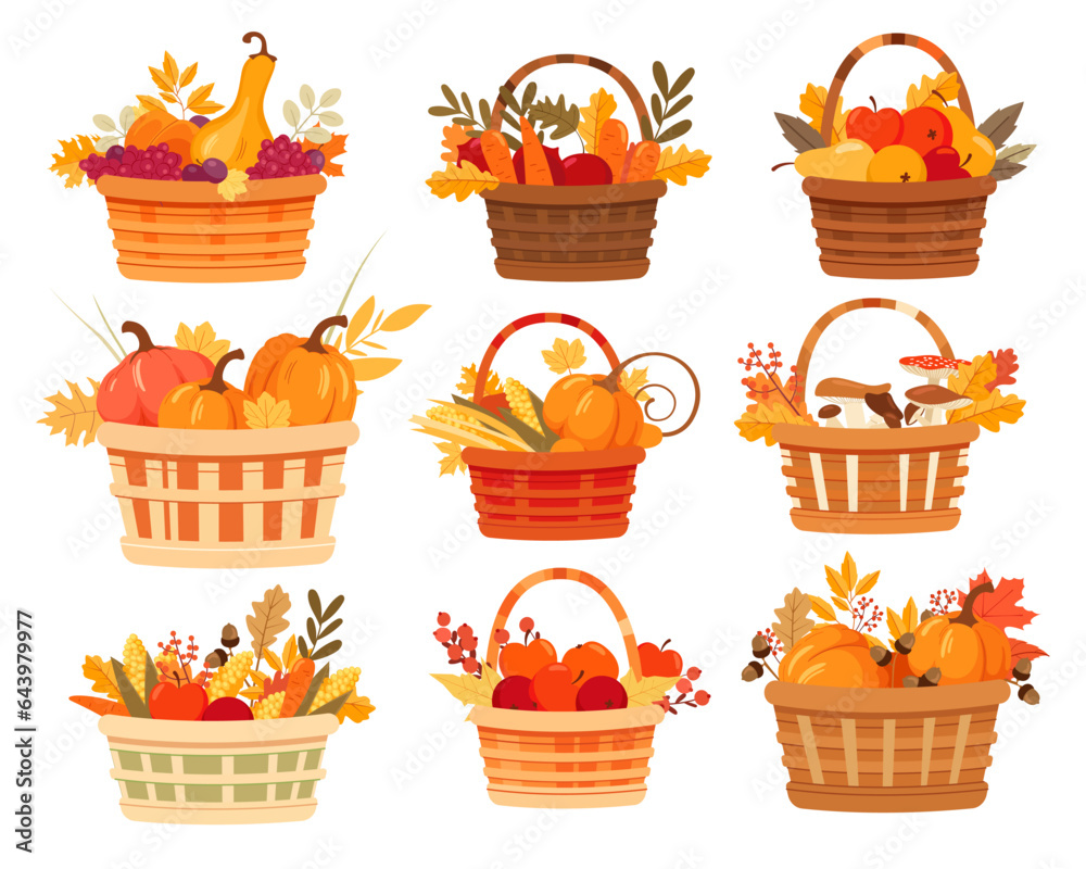 Baskets with autumn harvest of mushrooms, fruits and vegetables ...