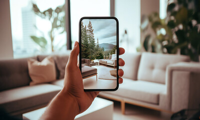 A hand holding a mobile phone which displays the camera app on the touch screen