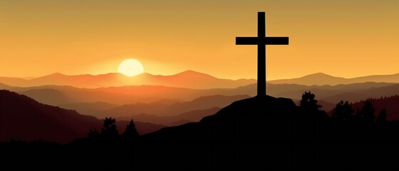 Wall Mural - religious christian cross crucifixion on top of mountain at sunset