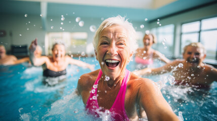 active mature women enjoying aqua gym class in a pool, healthy retired lifestyle with seniors doing 