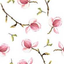 Watercolor Seamless Pattern. Hand Painted  Of Blooming Purple Magnolia Flowers And Leaves. Floral Design On Isolated White Background For Your Print, Textile, Wrapping, Wallpaper, Cover.