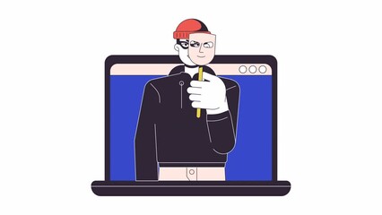 Aufkleber - Fraud identity theft on laptop line 2D animation. Fake online personality on computer 4K video motion graphic. Identity infringement notebook linear animated cartoon flat concept, white background