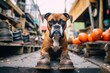 Headshot portrait photography of a cute boxer dog digging wearing a pair of booties against a bustling urban market. With generative AI technology