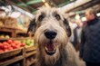 Headshot portrait photography of a happy irish wolfhound dog begging for food wearing a hipster glasses against a bustling urban market. With generative AI technology