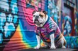 Photography in the style of pensive portraiture of a tired bulldog pawing wearing a festive sweater against a vibrant graffiti wall. With generative AI technology