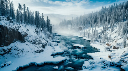 Wall Mural - Drone photo of a frozen river in Central Oregon in winter. 