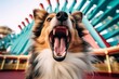 Medium shot portrait photography of a funny shetland sheepdog licking paws wearing a shark fin against a vibrant amusement park. With generative AI technology