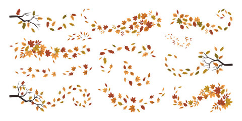 Beautiful autumn leaves forest garden foliage swirl isolated seasonal abstract decorative set