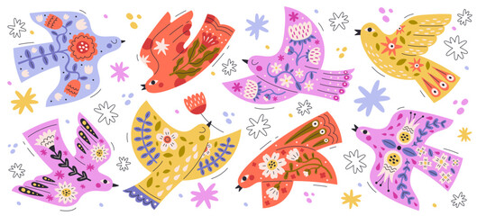 Folk art ornament pattern bird flying high, holding flower in beak isolated vector illustration set