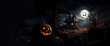 horizontales Banner mit unheimlichem Spukhaus im Mondschein zu Halloween bei Nacht, erstellt mit generativer KI