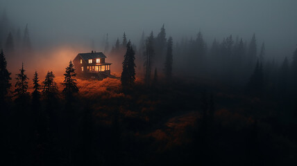 night landscape, mysterious lonely house in misty autumn mountains, thriller, horror, fairy tale