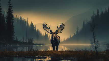 Wall Mural - silhouette of a moose with big horns in autumn fog, wildlife landscape