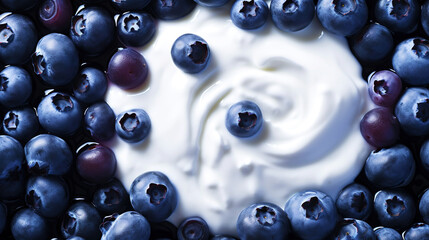 Wall Mural - Yogurt and fresh berries blueberries, background. Top view. Generative AI