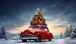 Red car carrying a Christmas tree on the roof in a snowy. Generative AI	
