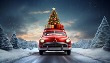 Red Car Carrying A Christmas Tree On The Roof In A Snowy. Generative AI	
