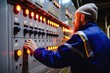 Engineer controls the control panel of a factory. Industrial background.