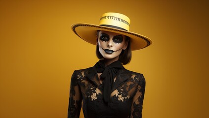 Sticker - Beautiful woman in halloween makeup and hat over yellow background