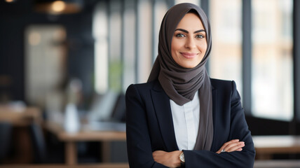 Arabian muslim woman with happy smile. Islamic female business concept