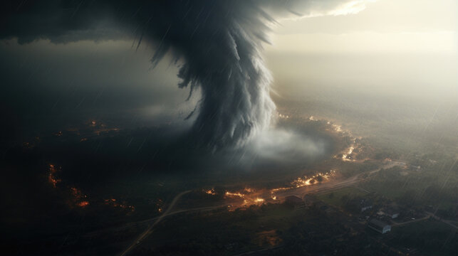 An aerial view of a tornado funnel cloud with debris in the air