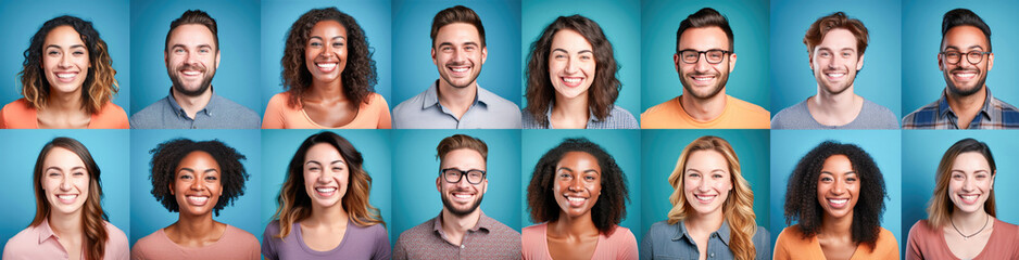 Photo collage portrait of multiracial smiling people with different ages looking at camera. Mosaic of happy modern faces. 