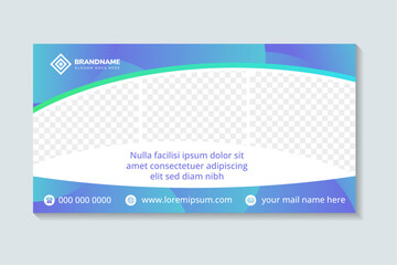 Poster - Horizontal banner template for business promotion. Editable modern banner with blue gradient shape and place for the photo collage. Usable for social media cover, header, and footer. editable content
