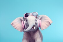 Cheerful Pink Elephant Wearing Pink Glasses With Headphones On A Blue Background.