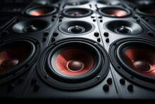 Close-up of a multimedia acoustic sound speaker system, amplifying music on black.