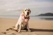 Group portrait photography of a smiling labrador retriever sitting on feet wearing a frilly dress against a sandy beach background. With generative AI technology
