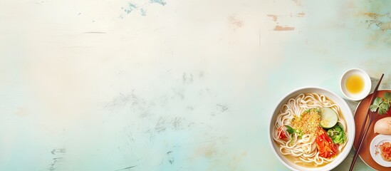 Poster - Instant noodles and hot water in bowl isolated on a isolated pastel background Copy space